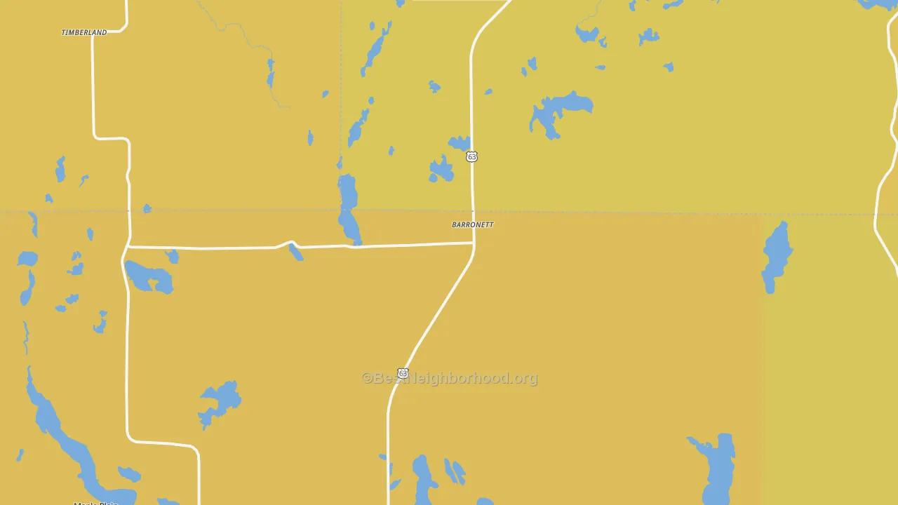 Map of the best neighborhoods in the Barronett area, with better matches in green and worse matches in red