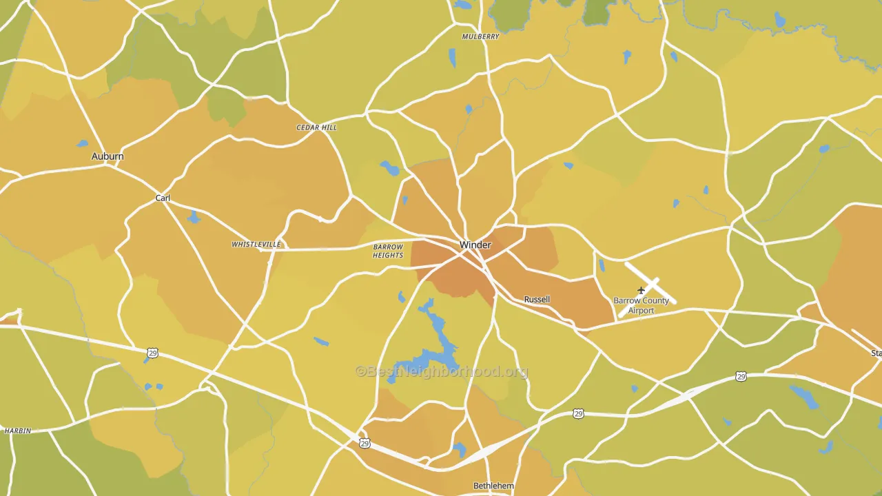 Map of the best neighborhoods in the Barrow County area, with better matches in green and worse matches in red
