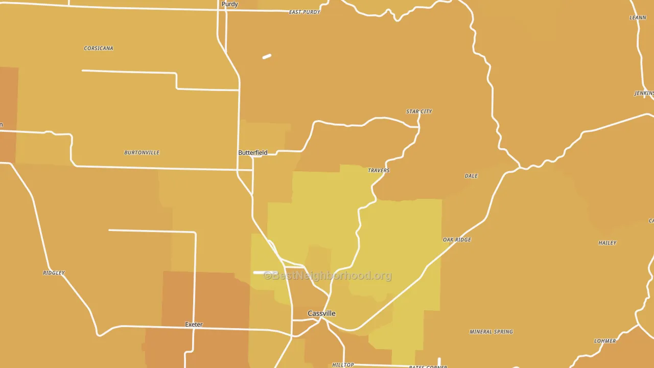 Map of the best neighborhoods in the Barry County area, with better matches in green and worse matches in red