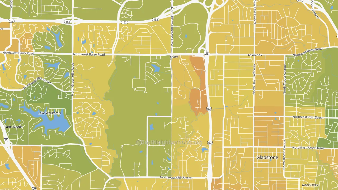 Map of the best neighborhoods in the Barry Harbour, Kansas City area, with better matches in green and worse matches in red