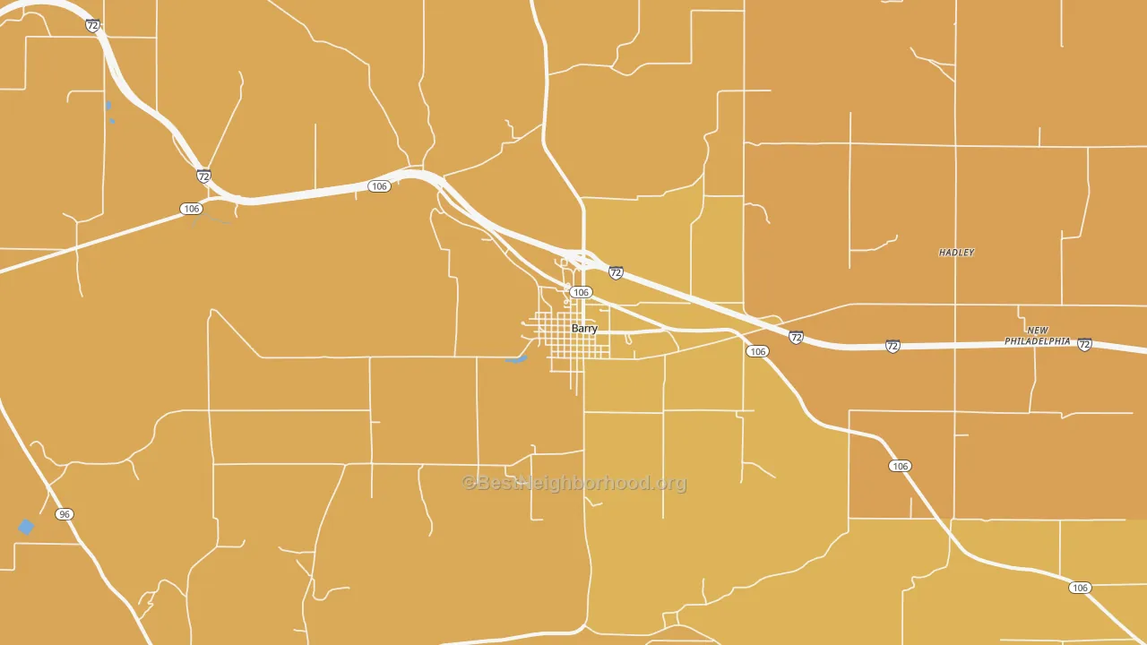 Map of the best neighborhoods in the Barry area, with better matches in green and worse matches in red