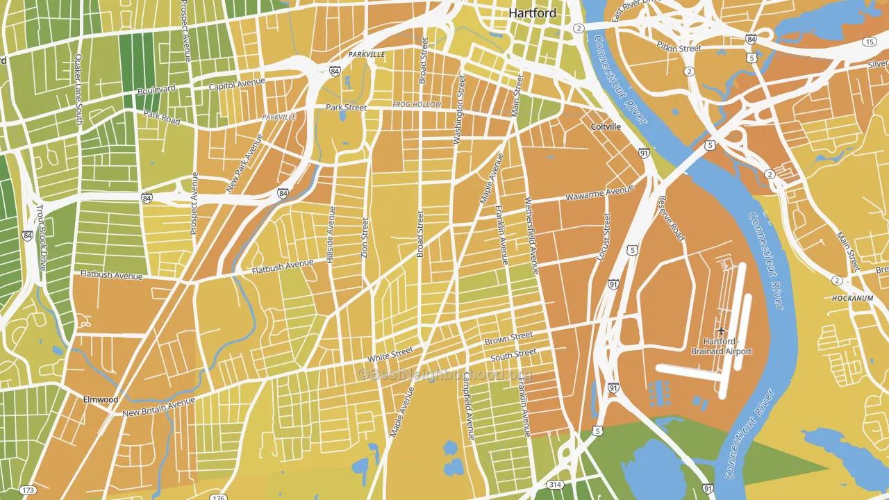 Map of the best neighborhoods in the Barry Square, Hartford area, with better matches in green and worse matches in red