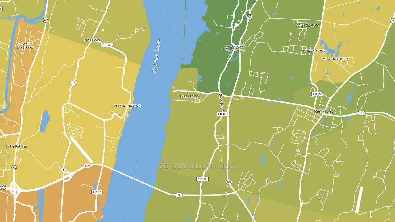 Map of the best neighborhoods in the Barrytown area, with better matches in green and worse matches in red