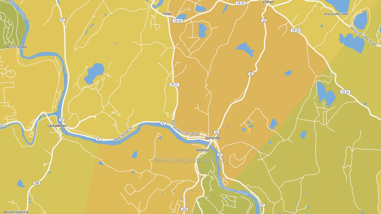 Map of the best neighborhoods in the Barryville area, with better matches in green and worse matches in red