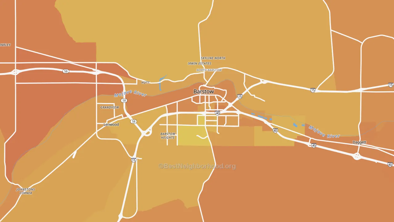 Map of the best neighborhoods in the Barstow area, with better matches in green and worse matches in red