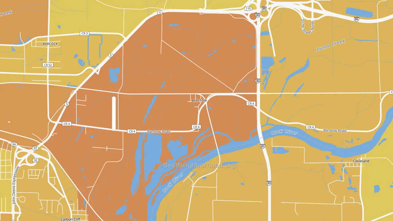 Map of the best neighborhoods in the Barstow area, with better matches in green and worse matches in red