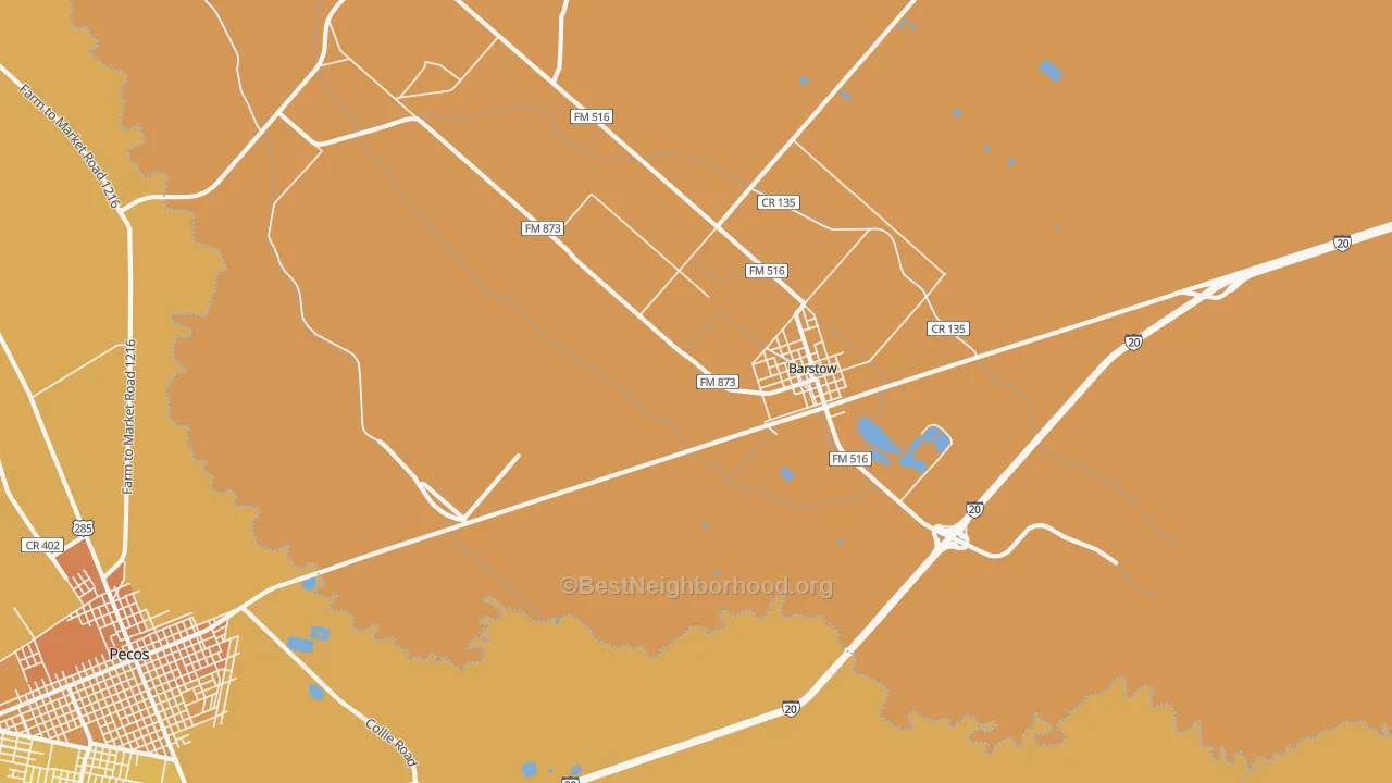Map of the best neighborhoods in the Barstow area, with better matches in green and worse matches in red