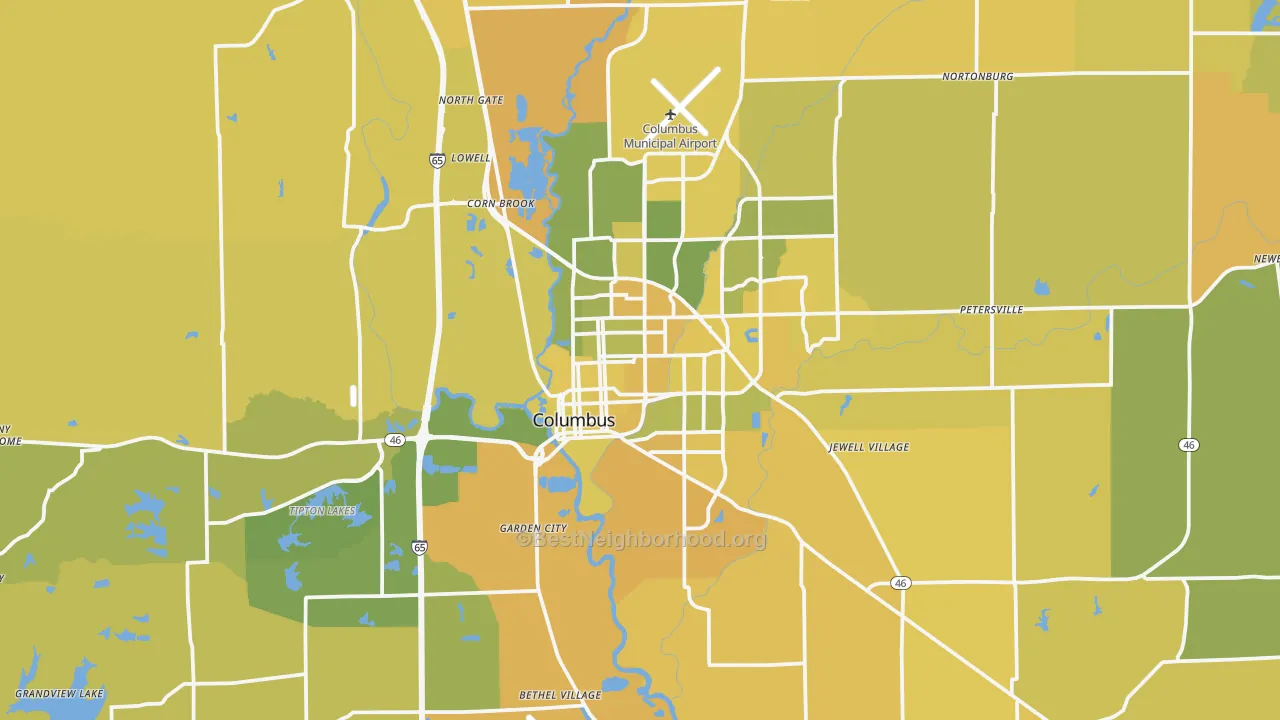 Map of the best neighborhoods in the Bartholomew County area, with better matches in green and worse matches in red