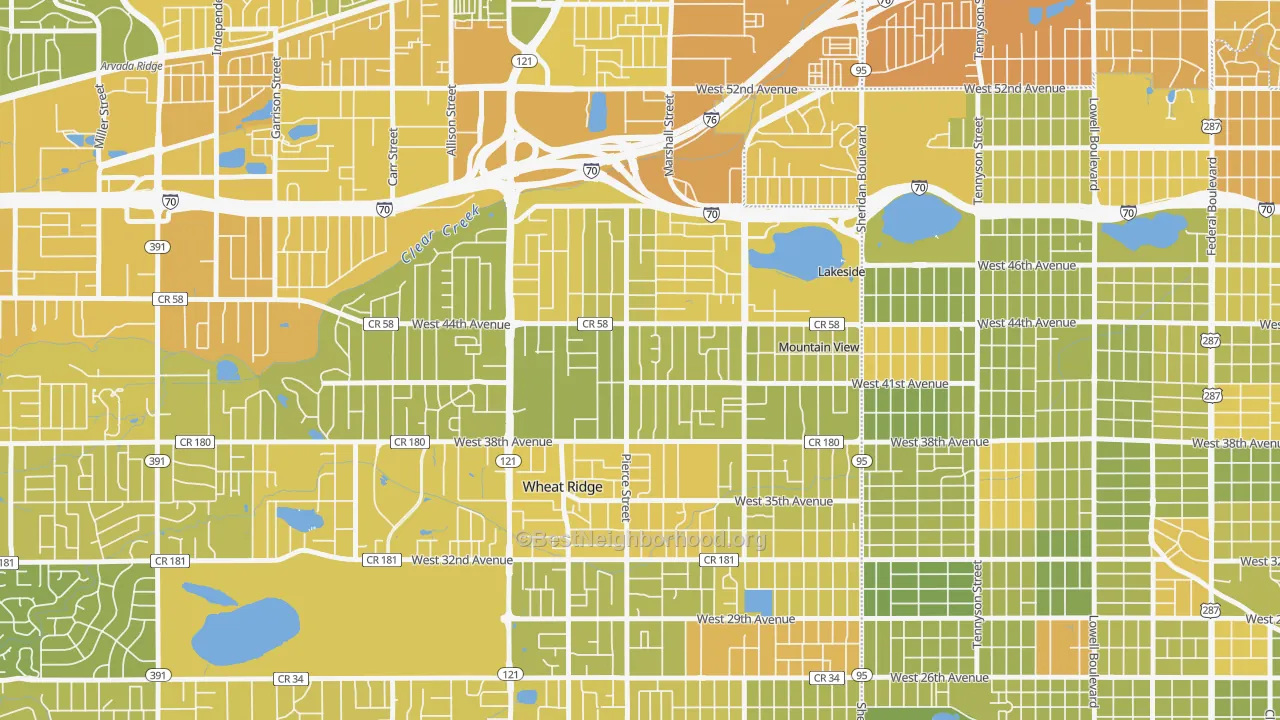 Map of the best neighborhoods in the Barths, Wheat Ridge area, with better matches in green and worse matches in red