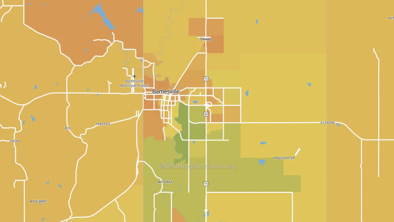 Map of the best neighborhoods in the Bartlesville area, with better matches in green and worse matches in red
