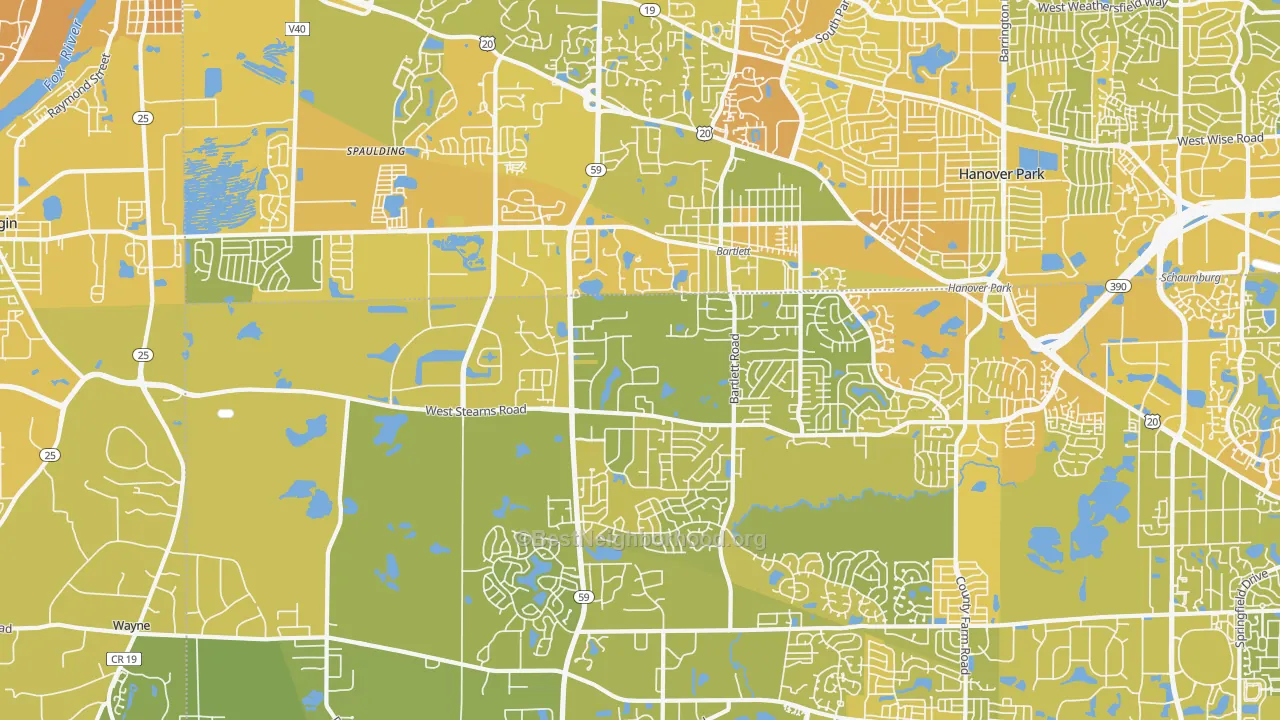 Map of the best neighborhoods in the Bartlett area, with better matches in green and worse matches in red