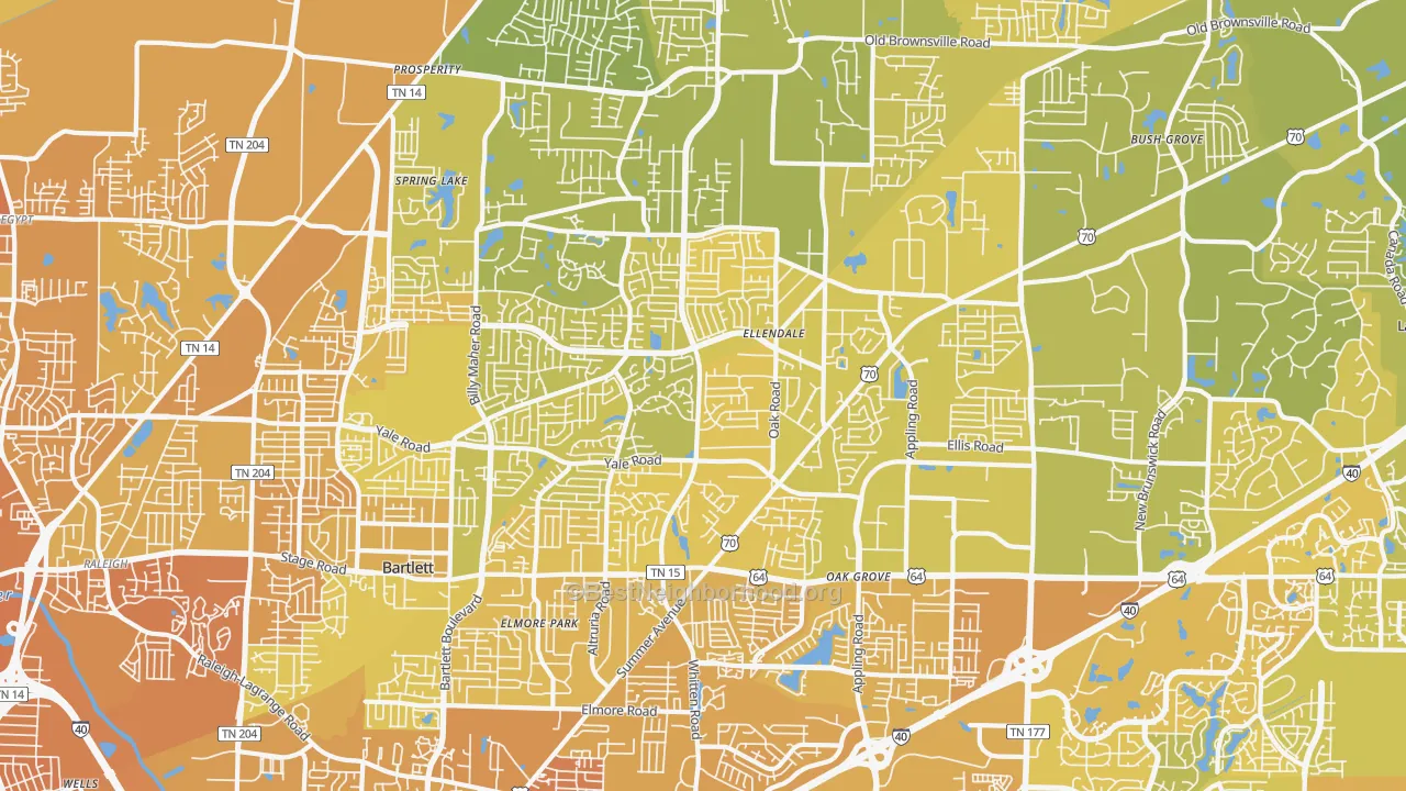 Map of the best neighborhoods in the Bartlett area, with better matches in green and worse matches in red