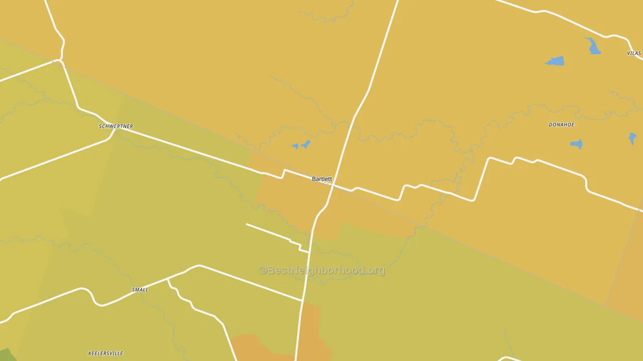 Map of the best neighborhoods in the Bartlett area, with better matches in green and worse matches in red