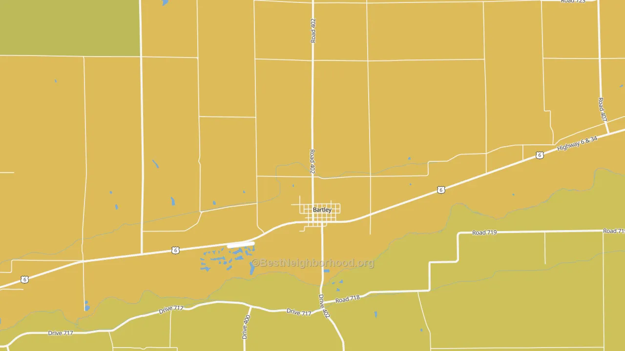 Map of the best neighborhoods in the Bartley area, with better matches in green and worse matches in red
