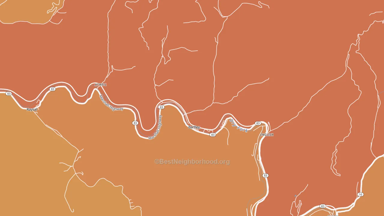 Map of the best neighborhoods in the Bartley area, with better matches in green and worse matches in red