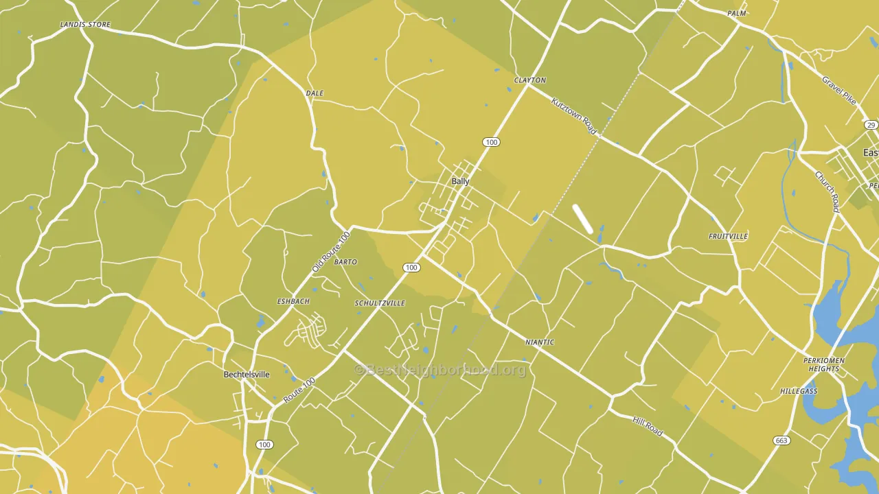 Map of the best neighborhoods in the Barto area, with better matches in green and worse matches in red