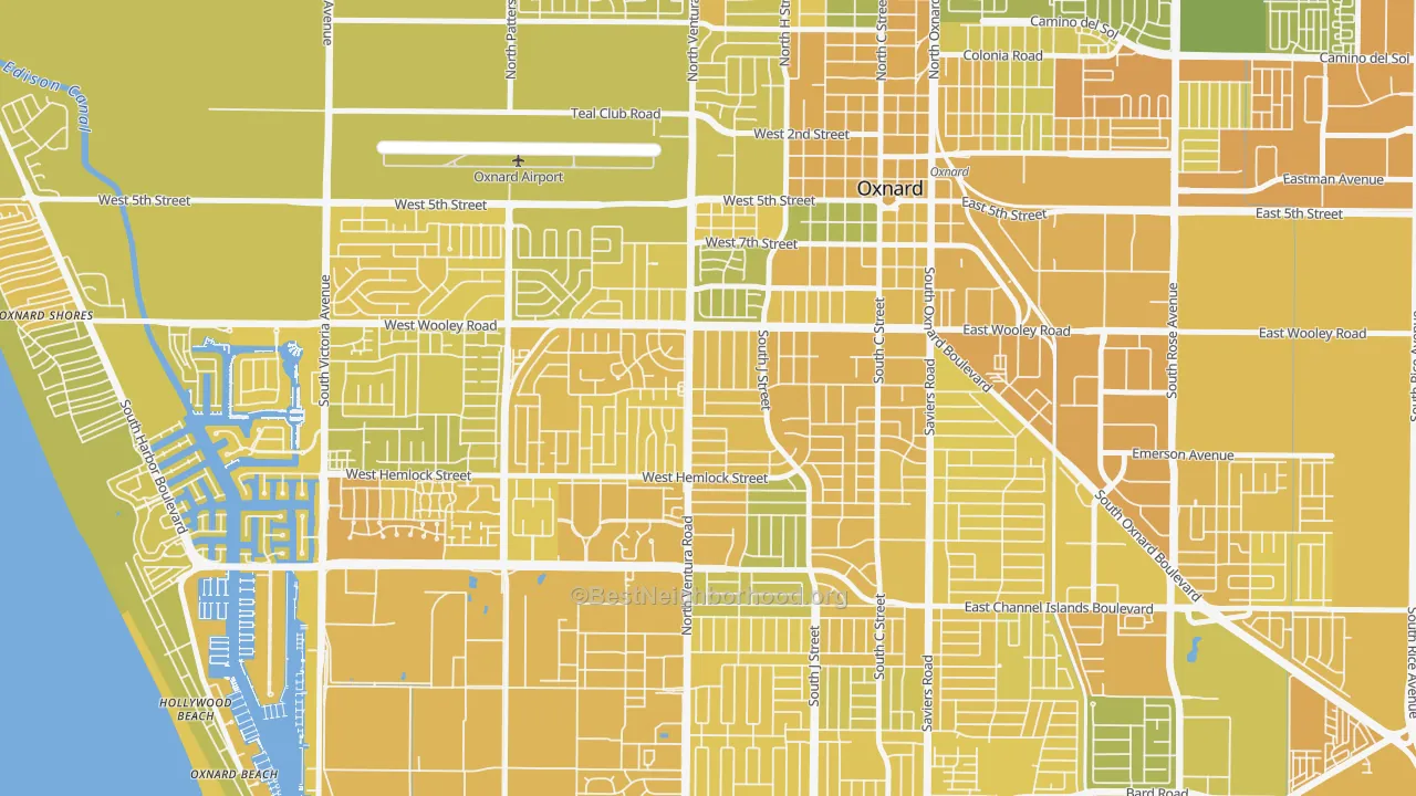 Map of the best neighborhoods in the Bartolo Square North, Oxnard area, with better matches in green and worse matches in red