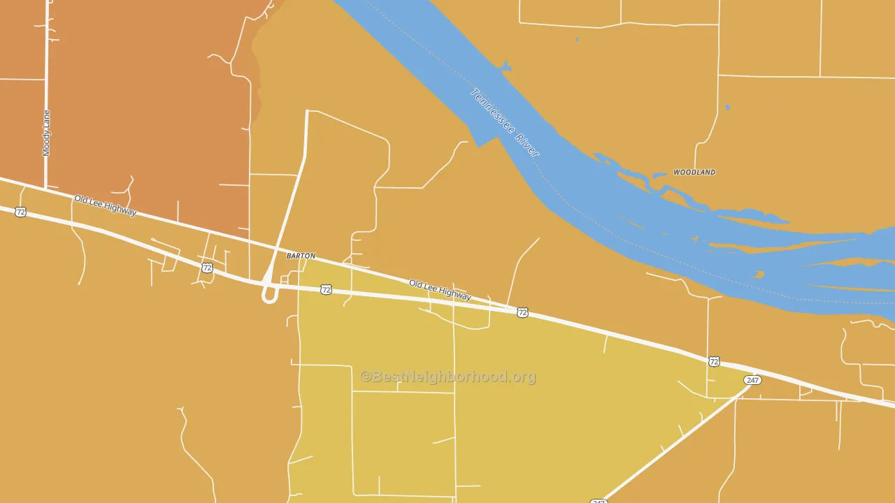Map of the best neighborhoods in the Barton area, with better matches in green and worse matches in red