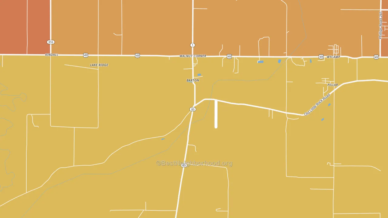 Map of the best neighborhoods in the Barton area, with better matches in green and worse matches in red