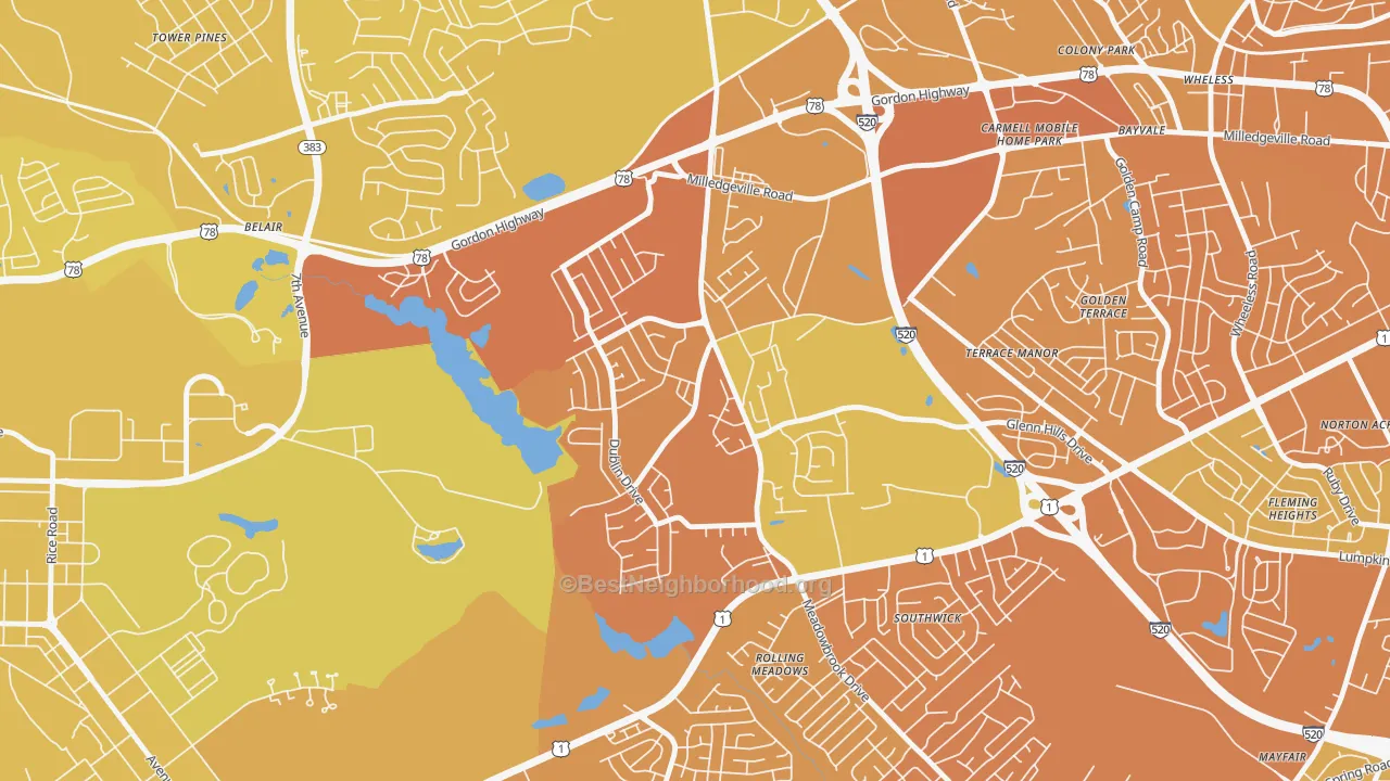 Map of the best neighborhoods in the Barton Chapel, Augusta area, with better matches in green and worse matches in red