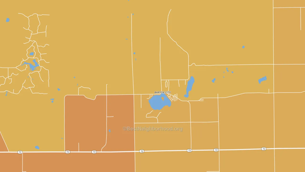 Map of the best neighborhoods in the Barton City area, with better matches in green and worse matches in red