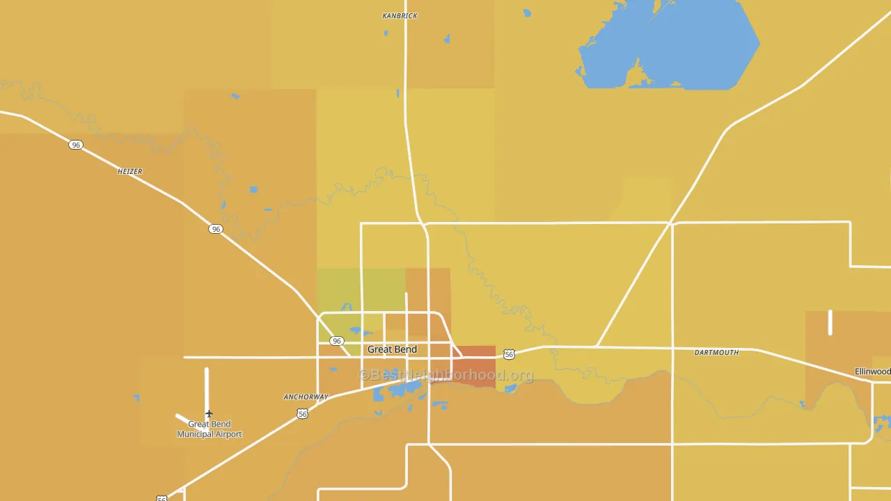 Map of the best neighborhoods in the Barton County area, with better matches in green and worse matches in red