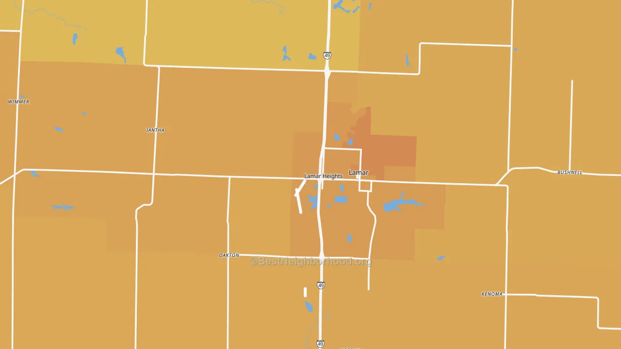 Map of the best neighborhoods in the Barton County area, with better matches in green and worse matches in red