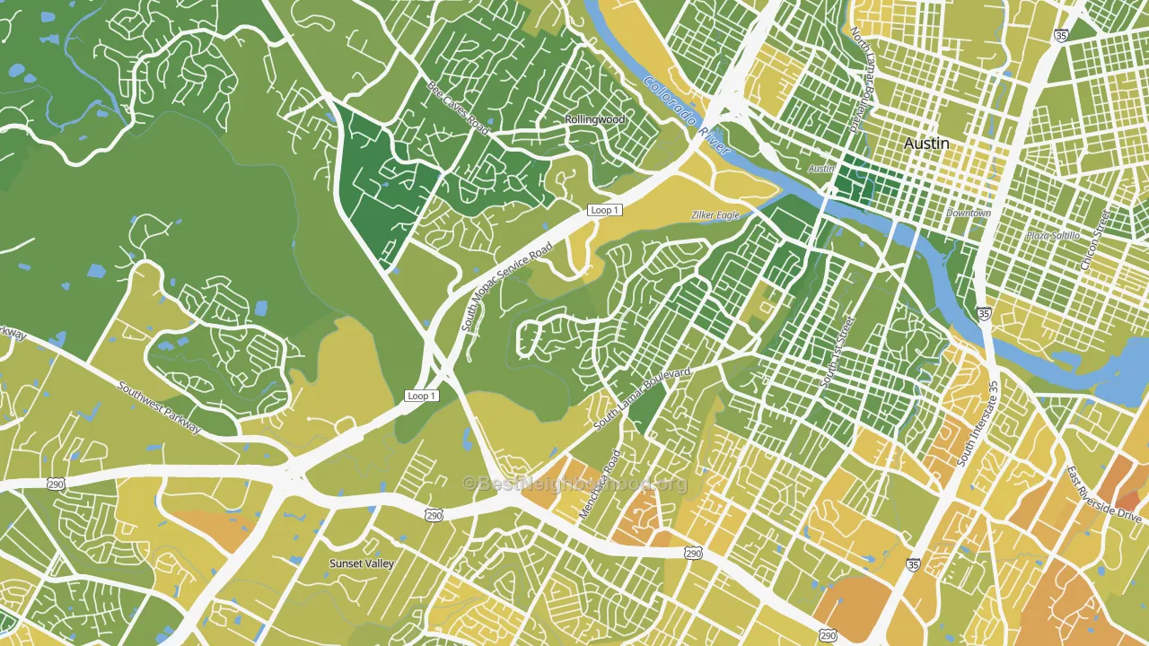 Map of the best neighborhoods in the Barton Hills, Austin area, with better matches in green and worse matches in red
