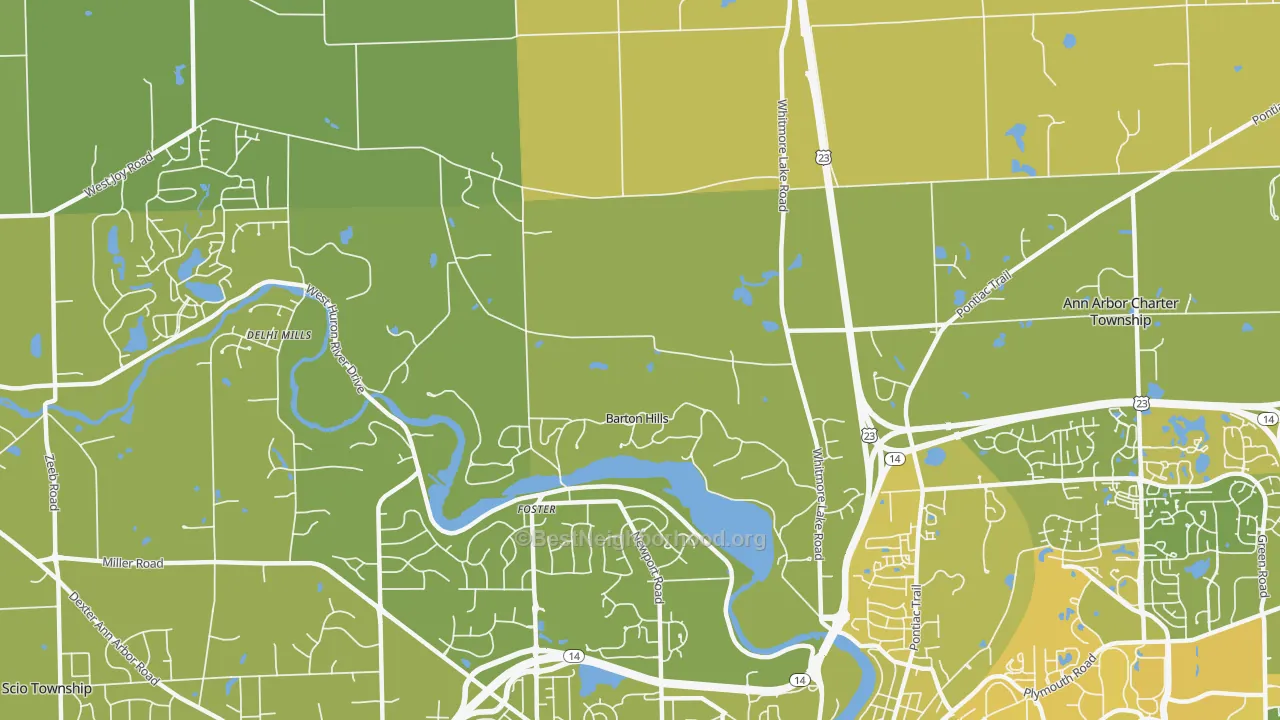 Map of the best neighborhoods in the Barton Hills area, with better matches in green and worse matches in red