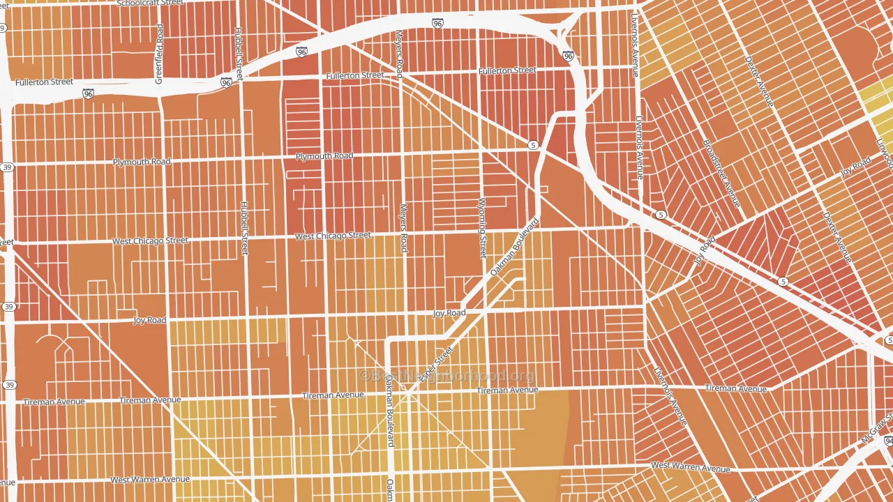 Map of the best neighborhoods in the Barton-McFarland, Detroit area, with better matches in green and worse matches in red