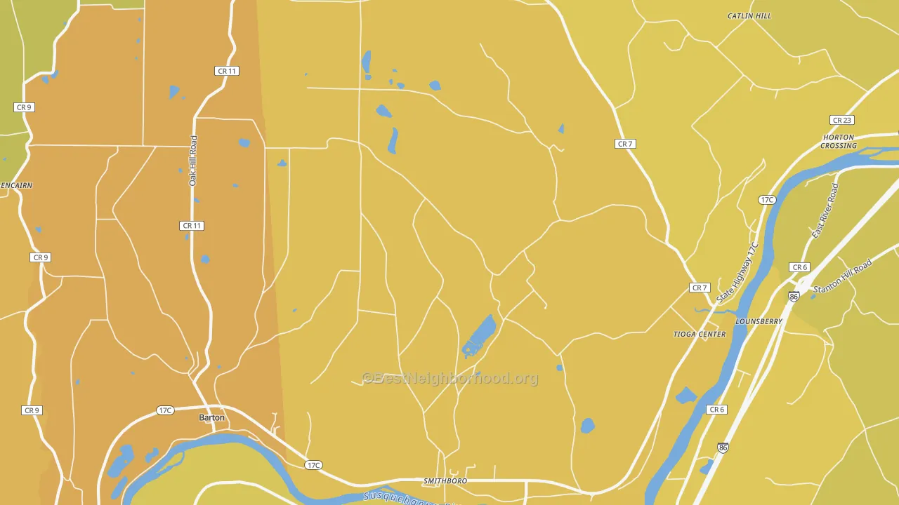 Map of the best neighborhoods in the Barton area, with better matches in green and worse matches in red