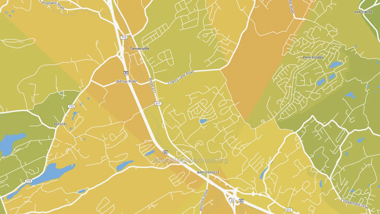 Map of the best neighborhoods in the Bartonsville area, with better matches in green and worse matches in red