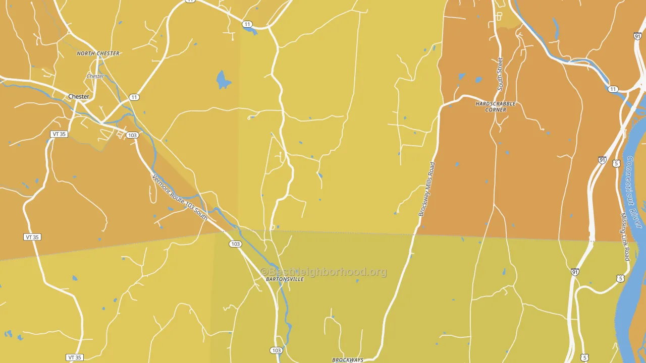 Map of the best neighborhoods in the Bartonsville area, with better matches in green and worse matches in red