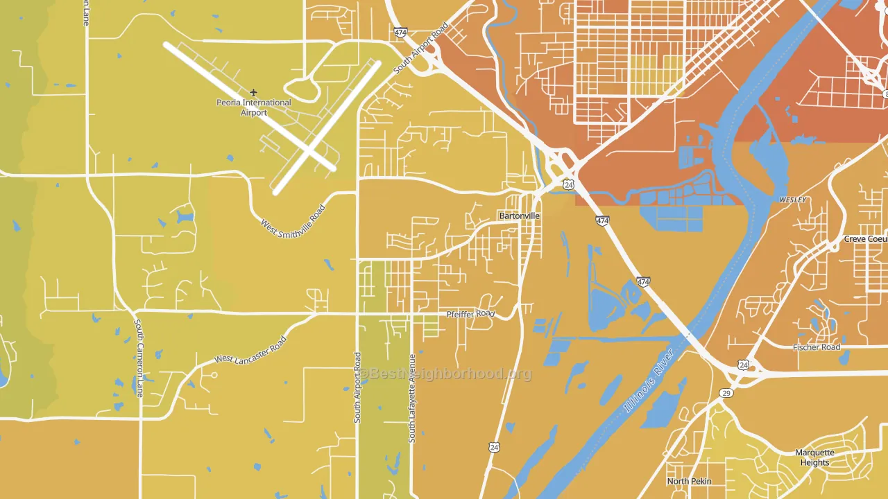 Map of the best neighborhoods in the Bartonville area, with better matches in green and worse matches in red