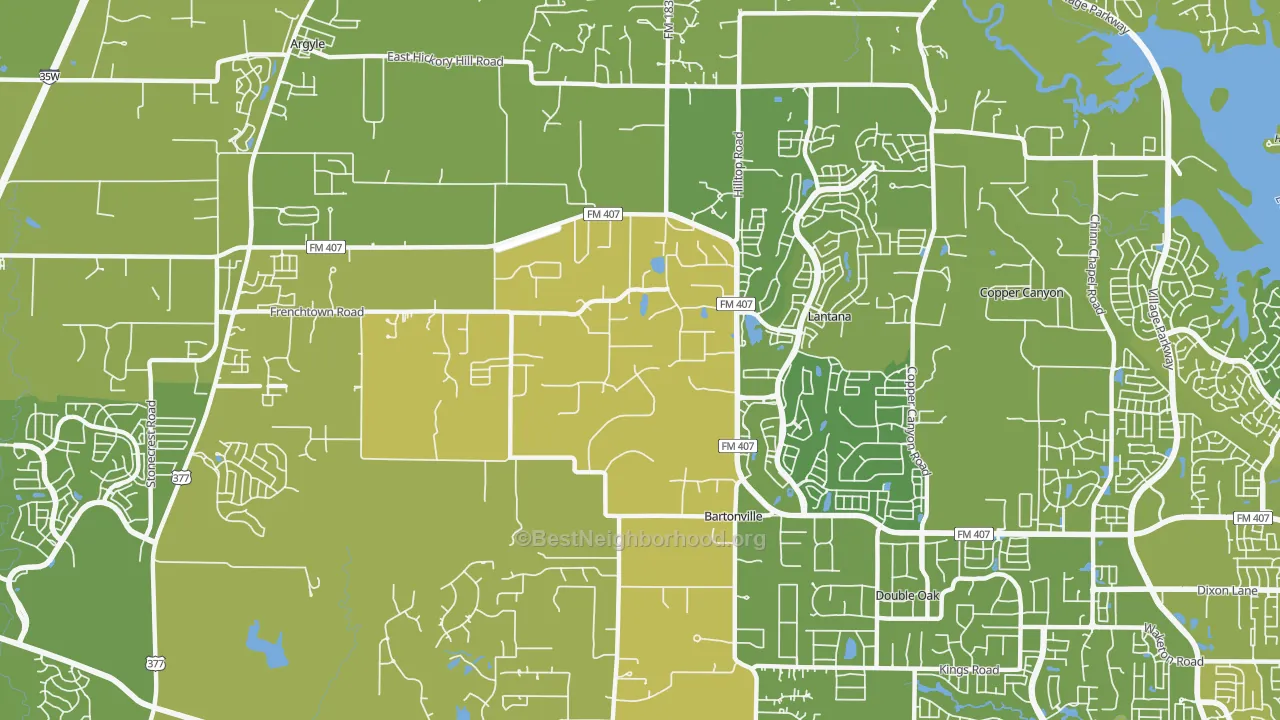 Map of the best neighborhoods in the Bartonville area, with better matches in green and worse matches in red