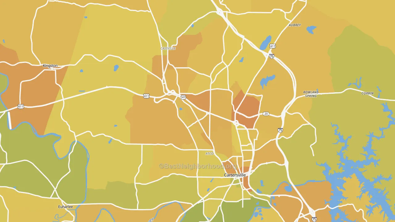 Map of the best neighborhoods in the Bartow County area, with better matches in green and worse matches in red