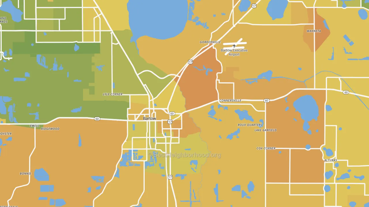 Map of the best neighborhoods in the Bartow area, with better matches in green and worse matches in red