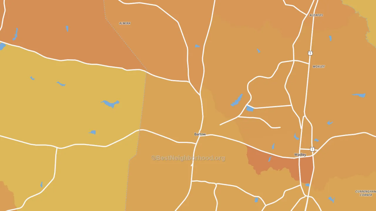 Map of the best neighborhoods in the Bartow area, with better matches in green and worse matches in red