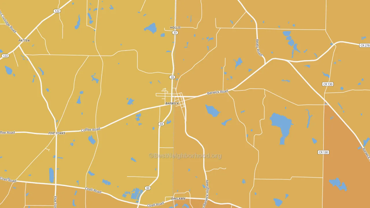 Map of the best neighborhoods in the Barwick area, with better matches in green and worse matches in red