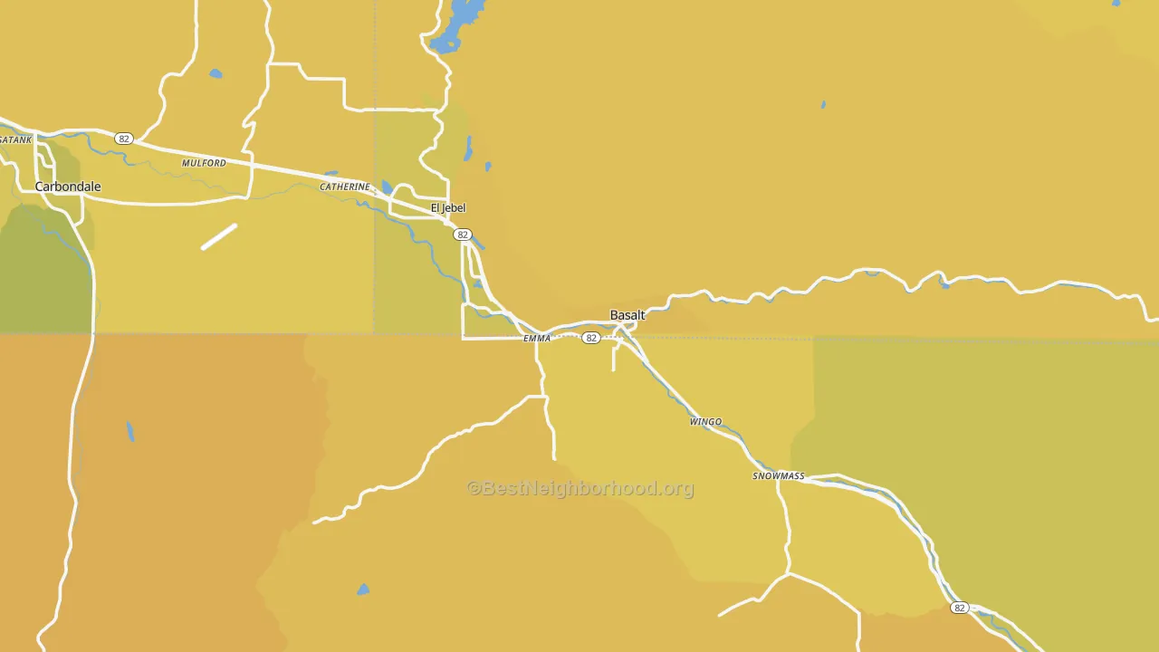 Map of the best neighborhoods in the Basalt area, with better matches in green and worse matches in red