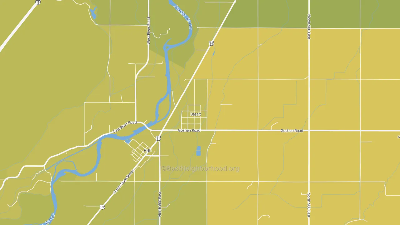Map of the best neighborhoods in the Basalt area, with better matches in green and worse matches in red