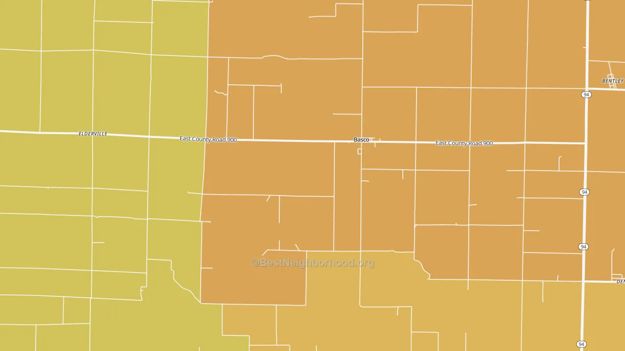 Map of the best neighborhoods in the Basco area, with better matches in green and worse matches in red