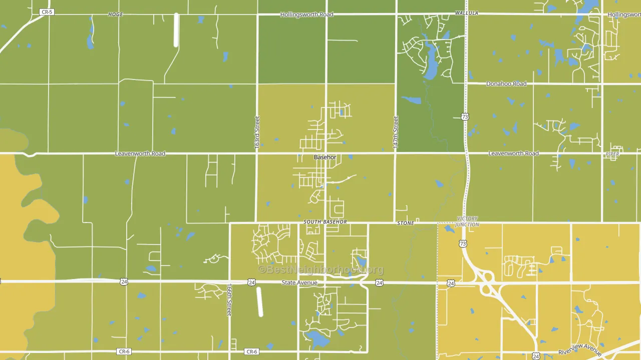 Map of the best neighborhoods in the Basehor area, with better matches in green and worse matches in red