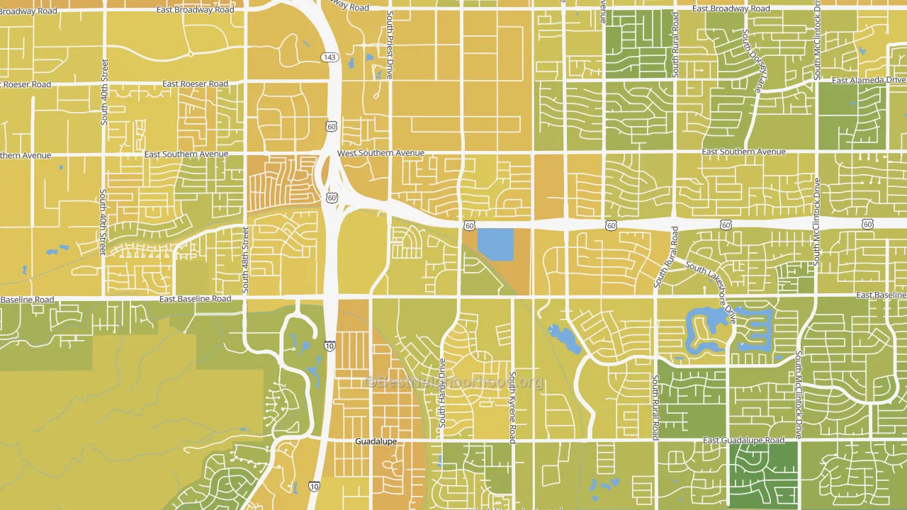 Map of the best neighborhoods in the Baseline-Hardy, Tempe area, with better matches in green and worse matches in red