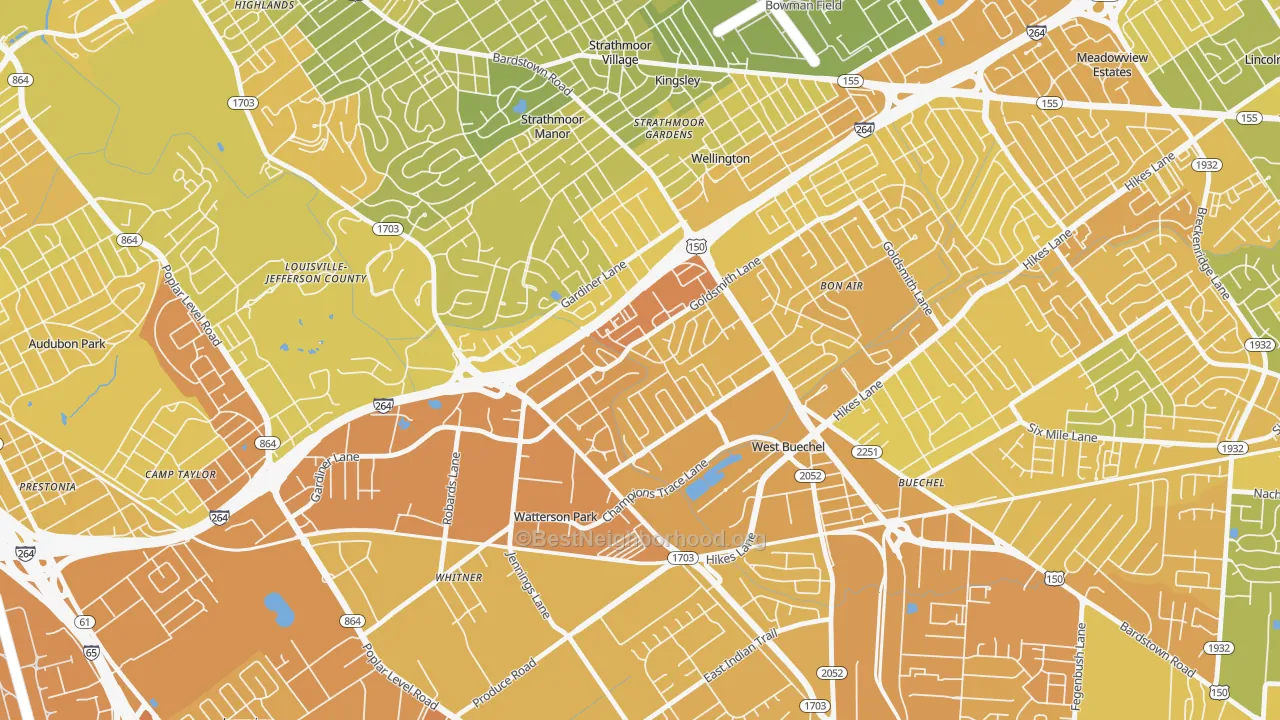 Map of the best neighborhoods in the Bashford Manor, Louisville area, with better matches in green and worse matches in red