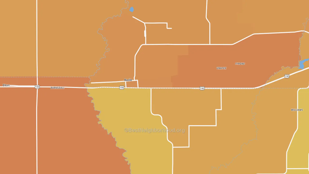 Map of the best neighborhoods in the Basile area, with better matches in green and worse matches in red