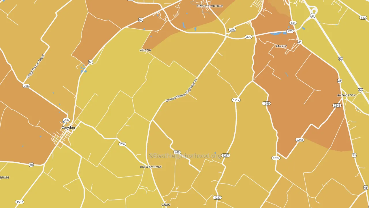 Map of the best neighborhoods in the Baskett area, with better matches in green and worse matches in red