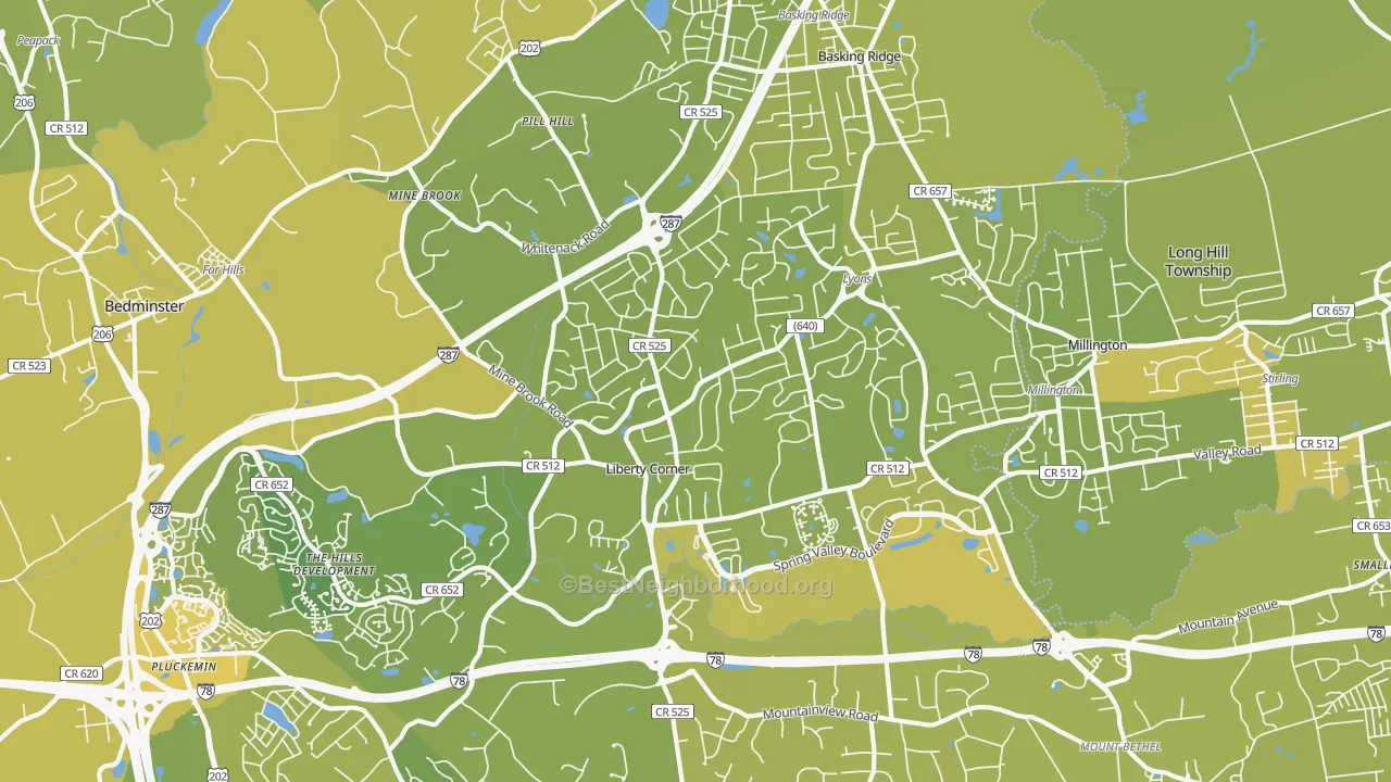 Map of the best neighborhoods in the Basking Ridge area, with better matches in green and worse matches in red