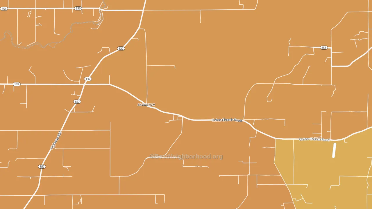 Map of the best neighborhoods in the Baskinton area, with better matches in green and worse matches in red