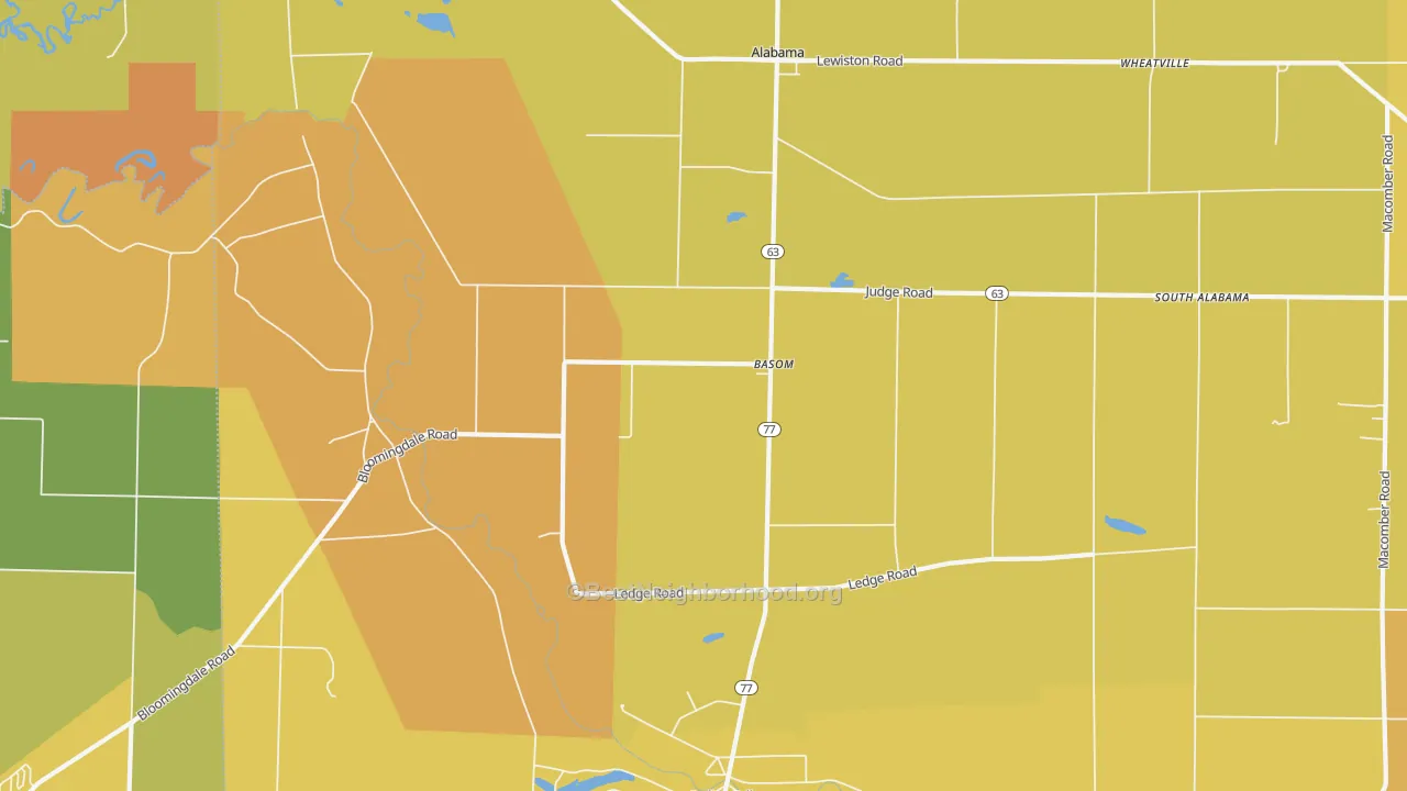 Map of the best neighborhoods in the Basom area, with better matches in green and worse matches in red